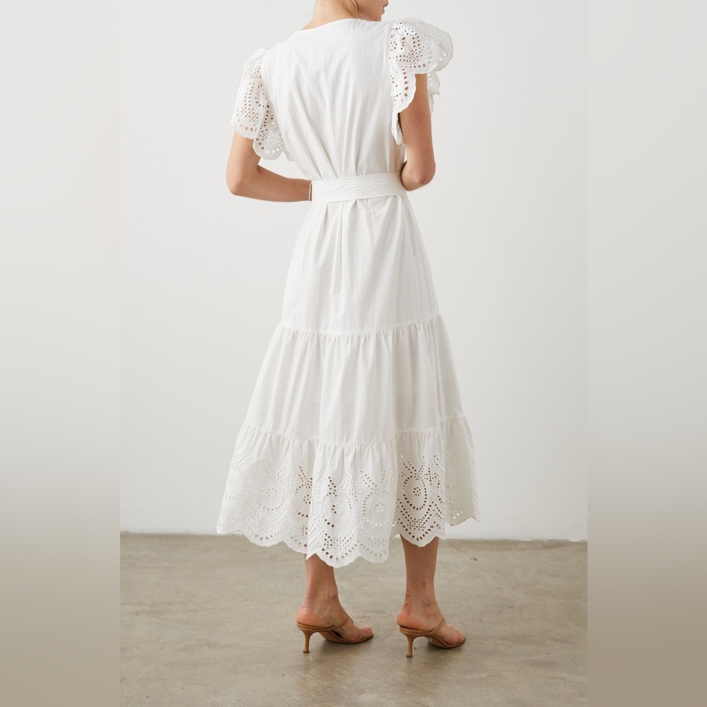 Rails Gia White Midi Dress Medium Eyelet Tiered‎ Flutter Sleeve NO BELT NWOT - Picture 4 of 15